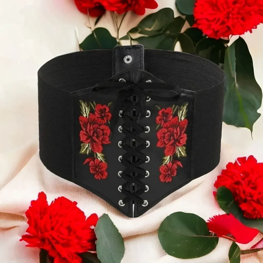 Gothic Corset Belt Black Faux Leather Red Rose Lace Up Waist Cincher Medieval